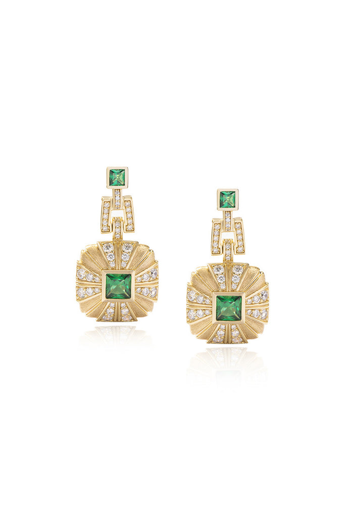 18K Gold Nano Emerald & CZ Drop Earrings with Italian Rigato Finish Gold / One Size Fibflx