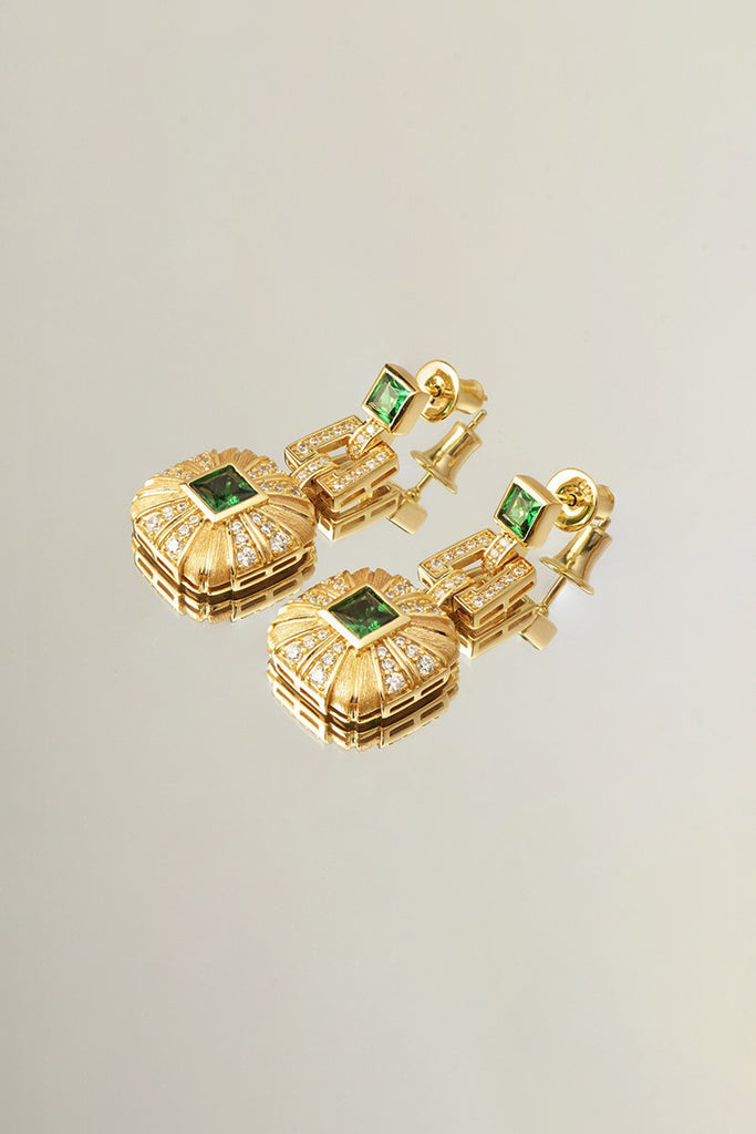 18K Gold Nano Emerald & CZ Drop Earrings with Italian Rigato Finish  Fibflx