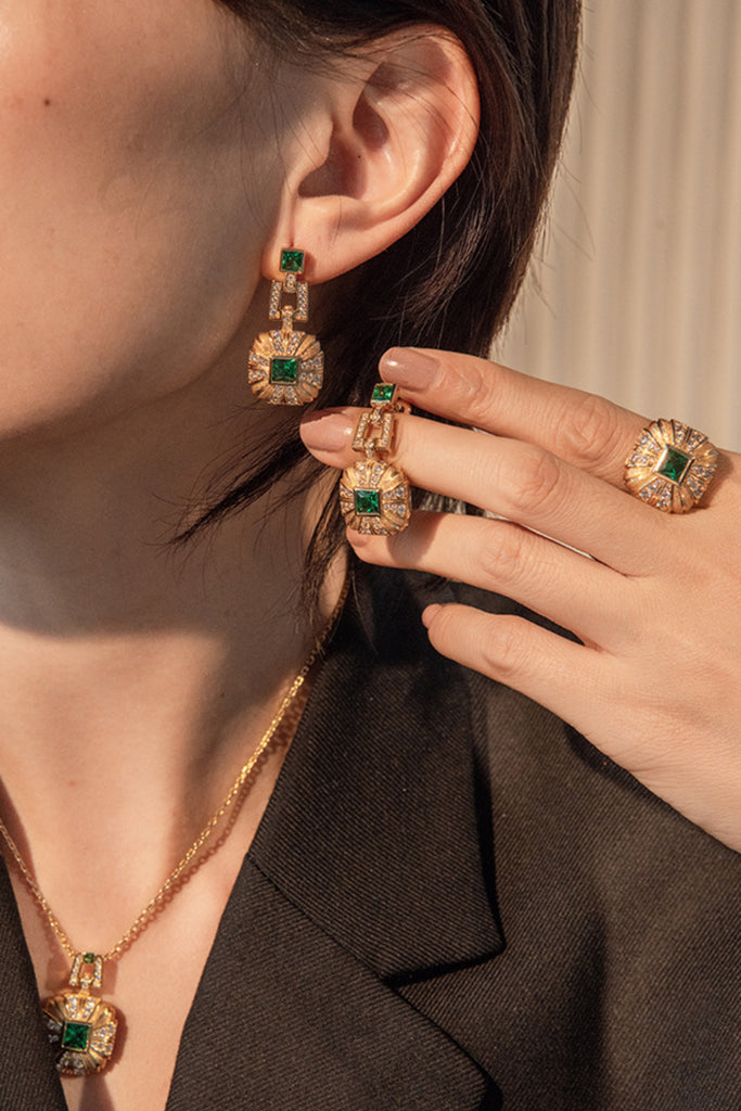 18K Gold Nano Emerald & CZ Drop Earrings with Italian Rigato Finish  Fibflx