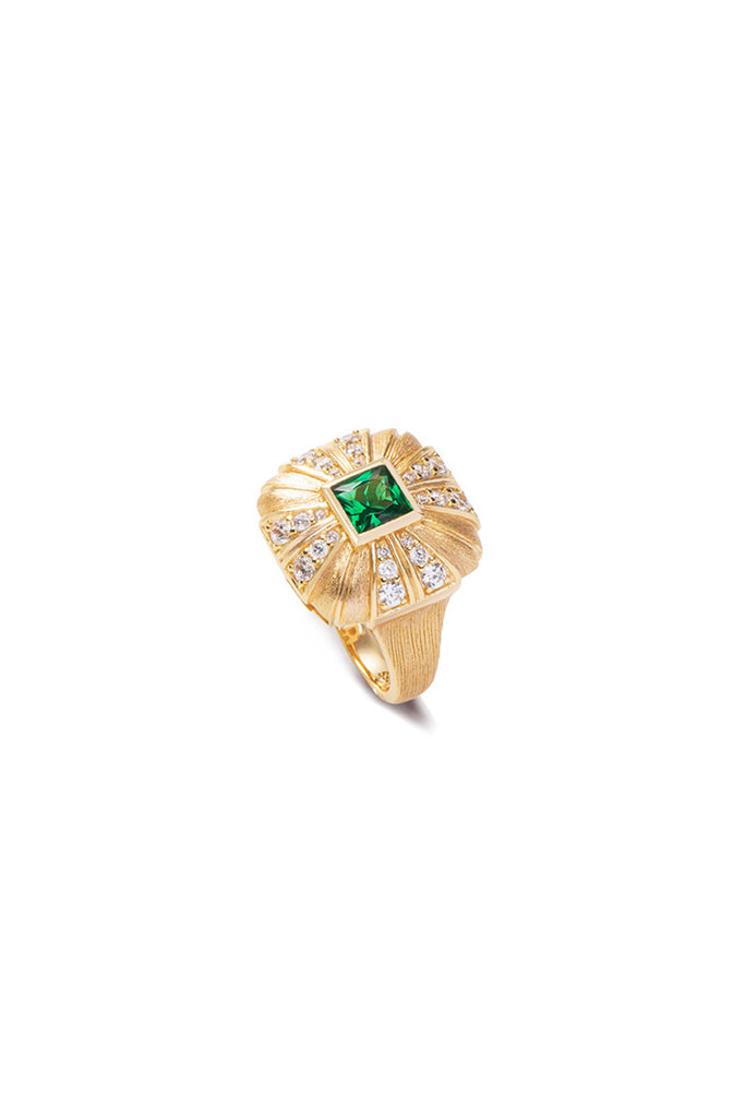 18K Gold Nano Emerald & CZ Square Ring with Italian Rigato Finish Gold / 8 Fibflx