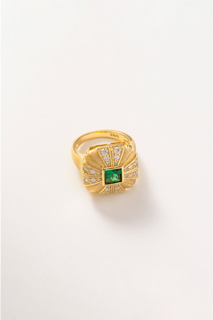 18K Gold Nano Emerald & CZ Square Ring with Italian Rigato Finish  Fibflx