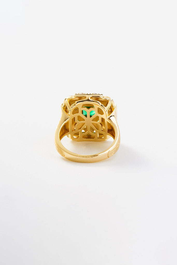 18K Gold Nano Emerald & CZ Square Ring with Italian Rigato Finish  Fibflx