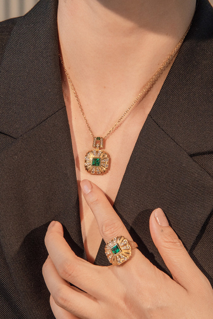 18K Gold Nano Emerald & CZ Square Ring with Italian Rigato Finish  Fibflx