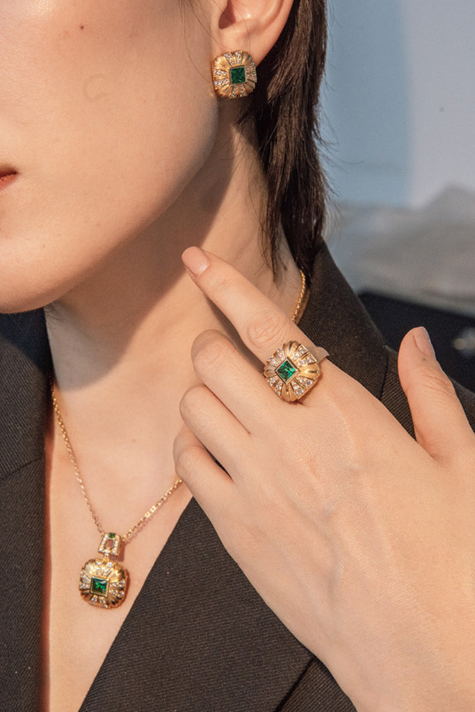 18K Gold Nano Emerald & CZ Square Ring with Italian Rigato Finish  Fibflx