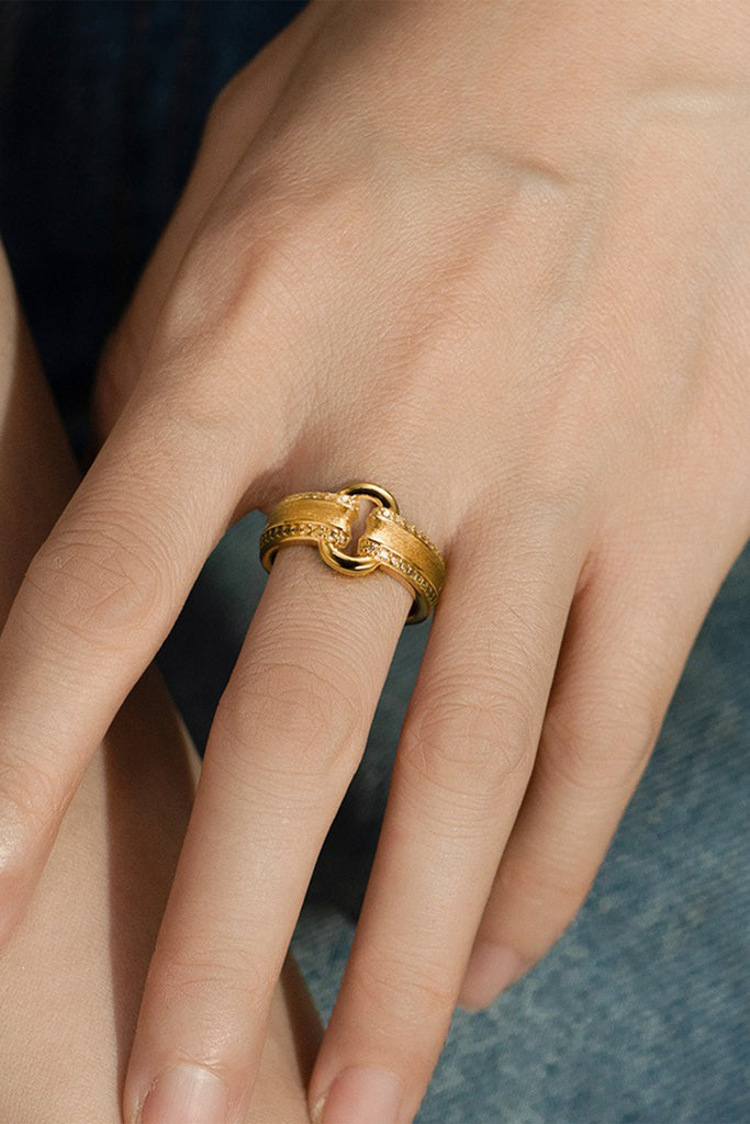 18K Gold Pav¨¦ CZ Link Band Ring with Italian Rigato Finish  Fibflx