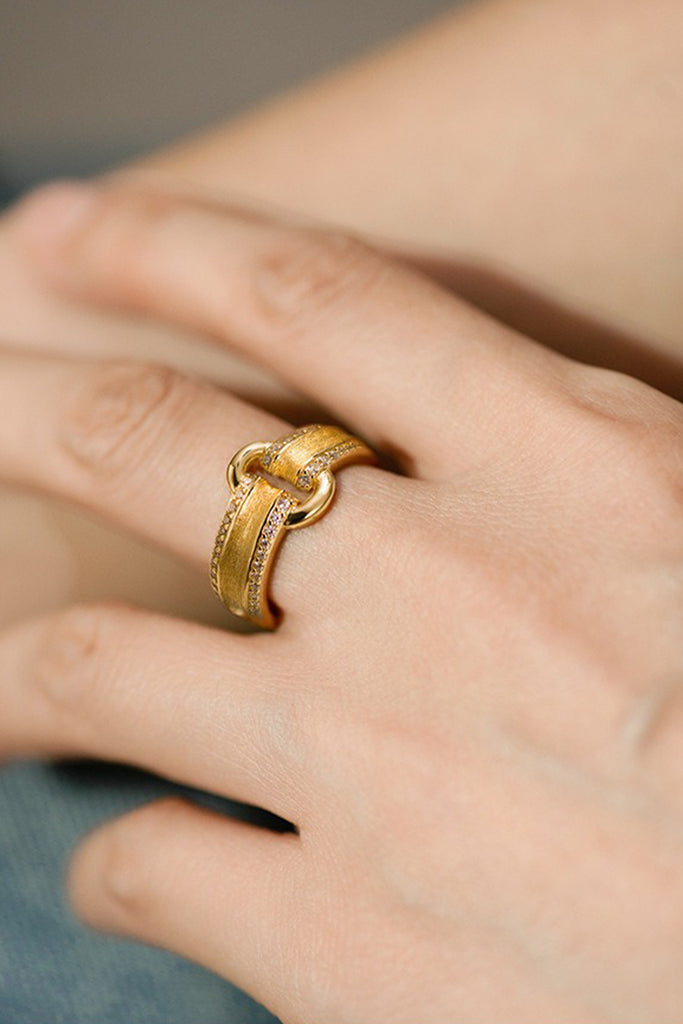 18K Gold Pav¨¦ CZ Link Band Ring with Italian Rigato Finish  Fibflx