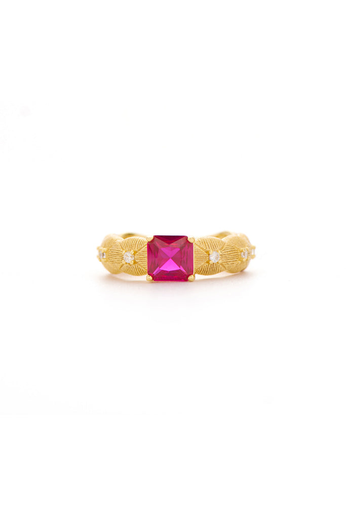 18K Gold Ruby & CZ Quilted Ring with Italian Rigato Finish Gold / 8 Fibflx