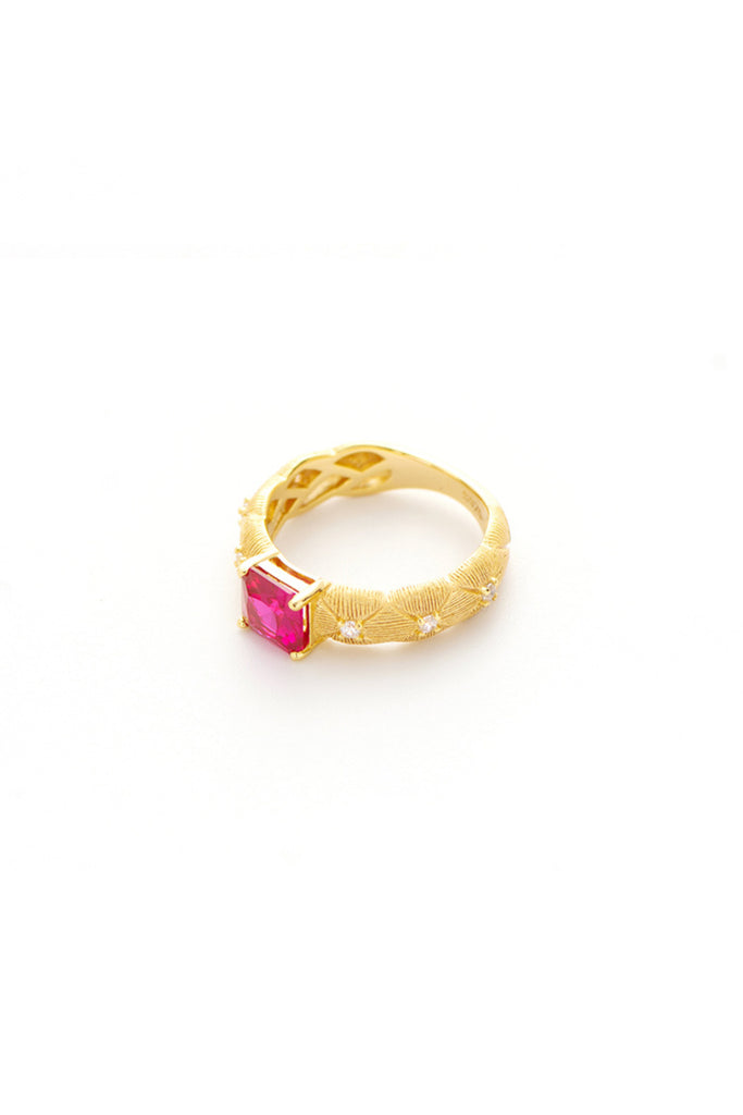 18K Gold Ruby & CZ Quilted Ring with Italian Rigato Finish  Fibflx
