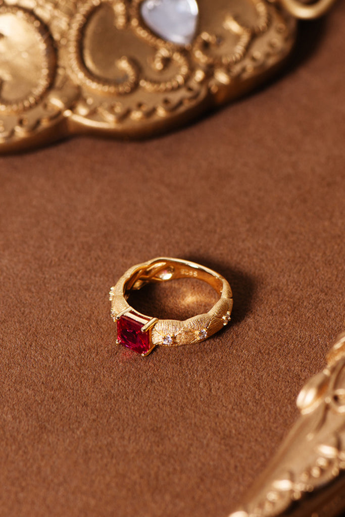 18K Gold Ruby & CZ Quilted Ring with Italian Rigato Finish  Fibflx