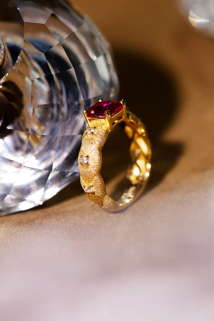18K Gold Ruby & CZ Quilted Ring with Italian Rigato Finish  Fibflx