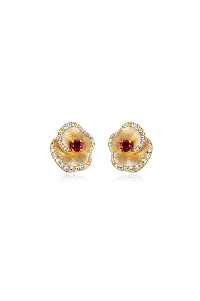 18K Gold Ruby Halo Flower Stud Earrings with Italian Rigato Finish  Fibflx