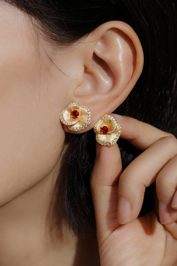 18K Gold Ruby Halo Flower Stud Earrings with Italian Rigato Finish  Fibflx