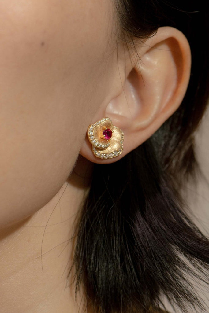 18K Gold Ruby Halo Flower Stud Earrings with Italian Rigato Finish  Fibflx