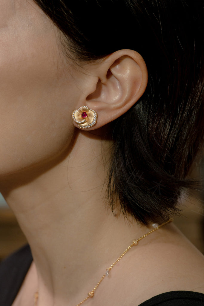 18K Gold Ruby Halo Flower Stud Earrings with Italian Rigato Finish  Fibflx