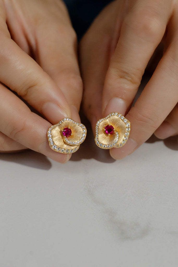 18K Gold Ruby Halo Flower Stud Earrings with Italian Rigato Finish  Fibflx