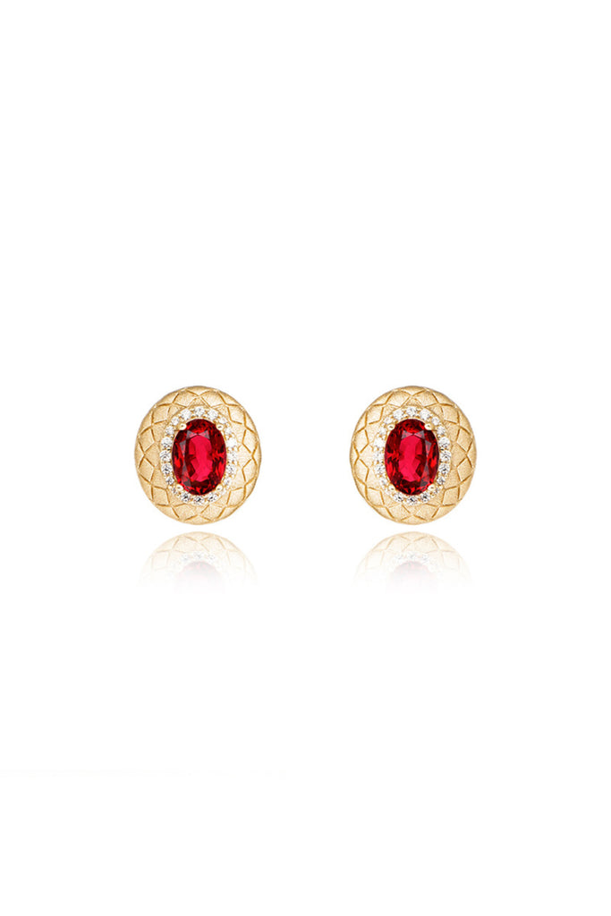 18K Gold Ruby Halo Stud Earrings with Italian Rigato Lattice  Fibflx