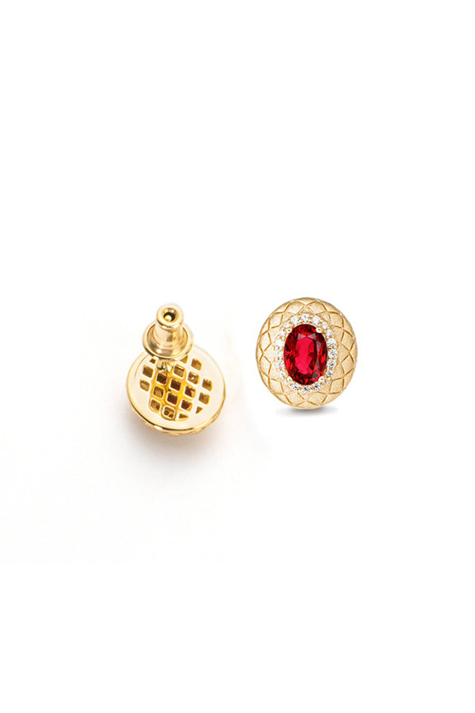 18K Gold Ruby Halo Stud Earrings with Italian Rigato Lattice  Fibflx