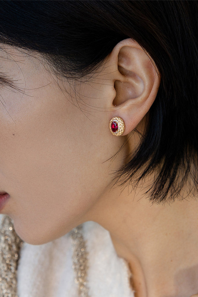 18K Gold Ruby Halo Stud Earrings with Italian Rigato Lattice  Fibflx