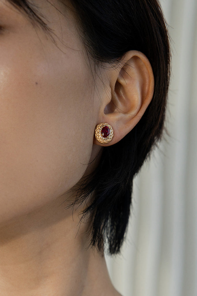 18K Gold Ruby Halo Stud Earrings with Italian Rigato Lattice  Fibflx