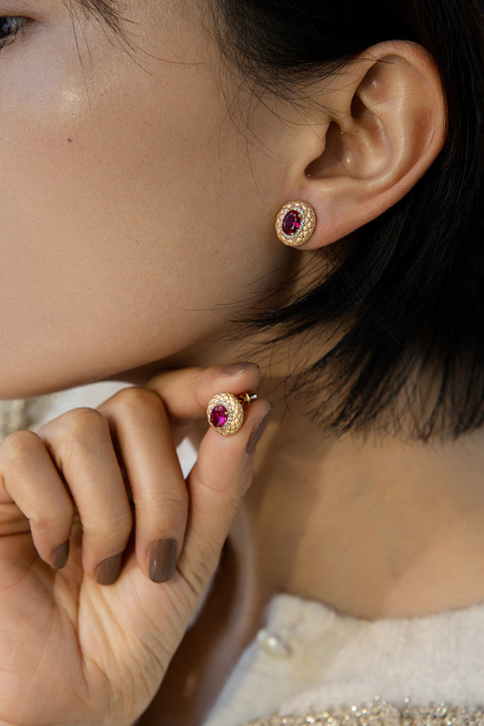 18K Gold Ruby Halo Stud Earrings with Italian Rigato Lattice  Fibflx