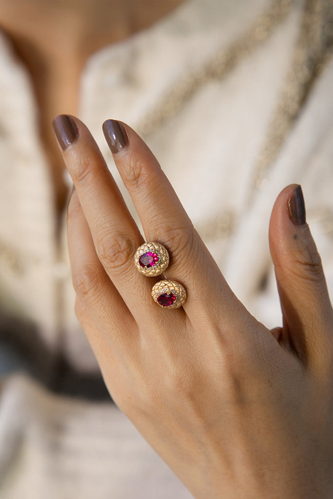 18K Gold Ruby Halo Stud Earrings with Italian Rigato Lattice  Fibflx