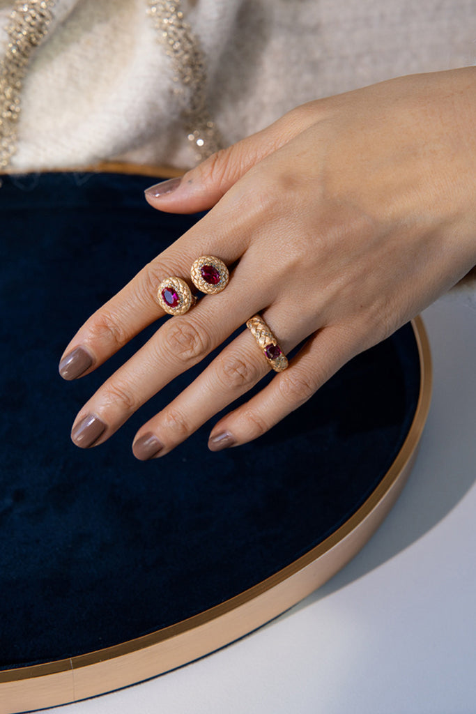 18K Gold Ruby Halo Stud Earrings with Italian Rigato Lattice  Fibflx