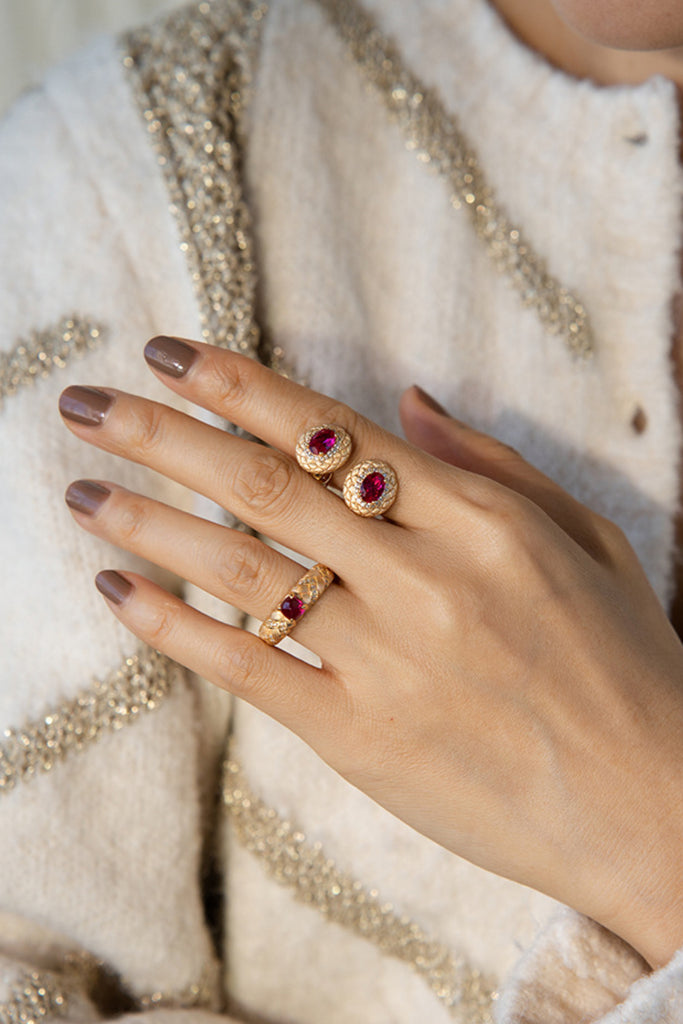 18K Gold Ruby Halo Stud Earrings with Italian Rigato Lattice  Fibflx