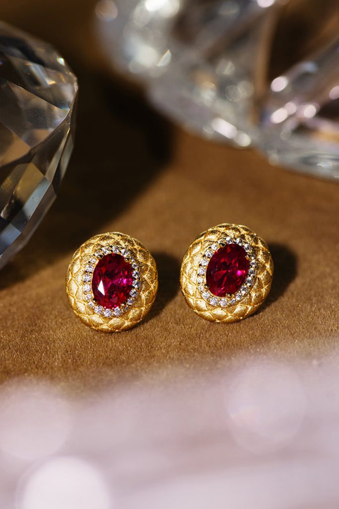 18K Gold Ruby Halo Stud Earrings with Italian Rigato Lattice  Fibflx