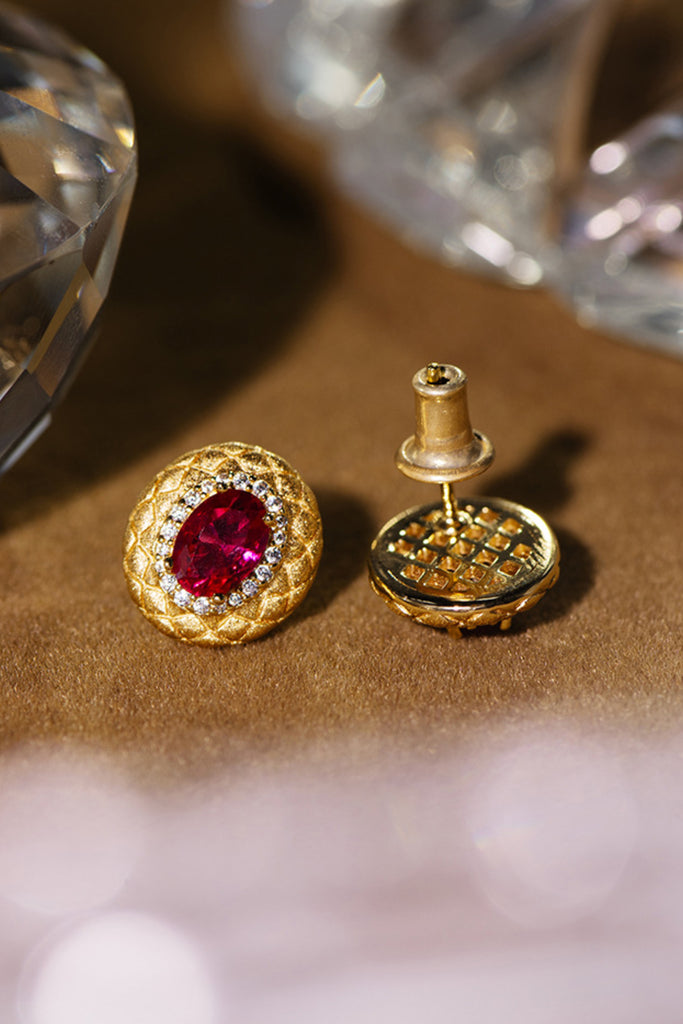 18K Gold Ruby Halo Stud Earrings with Italian Rigato Lattice  Fibflx