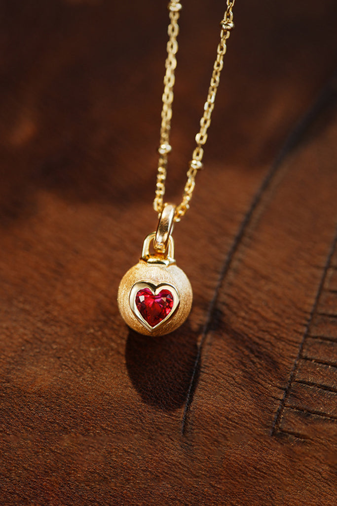 18K Gold Ruby Heart Ball Pendant Necklace with Italian Rigato Finish  Fibflx