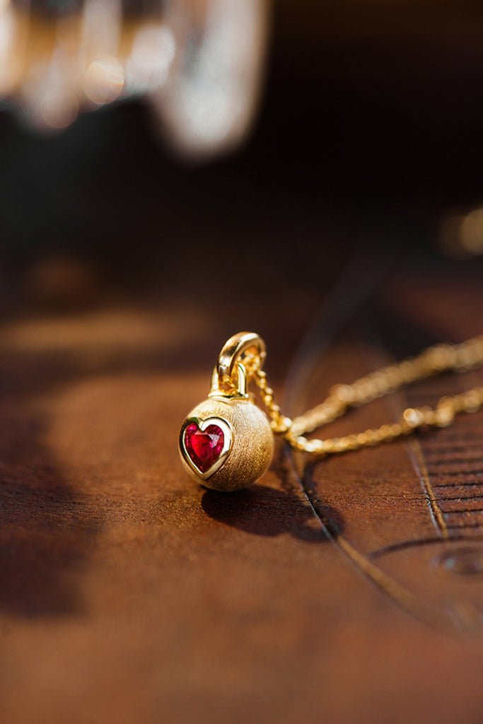 18K Gold Ruby Heart Ball Pendant Necklace with Italian Rigato Finish  Fibflx