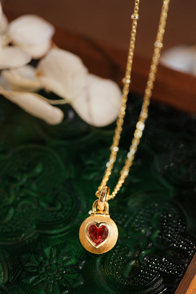 18K Gold Ruby Heart Ball Pendant Necklace with Italian Rigato Finish  Fibflx