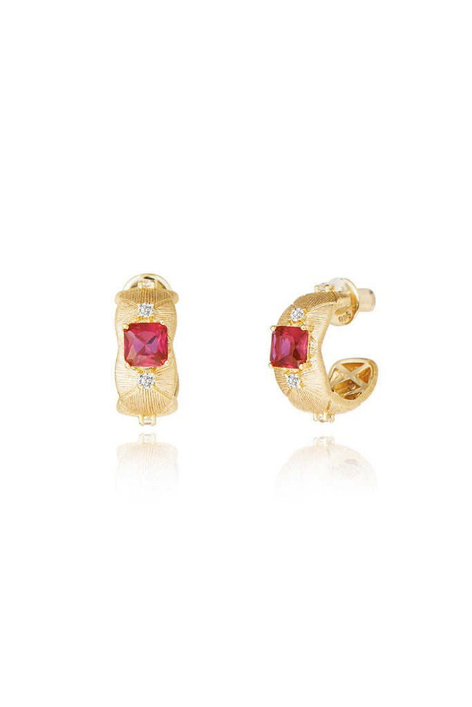 18K Gold Ruby Quilted Huggie Hoop Earrings with Italian Rigato Finish  Fibflx