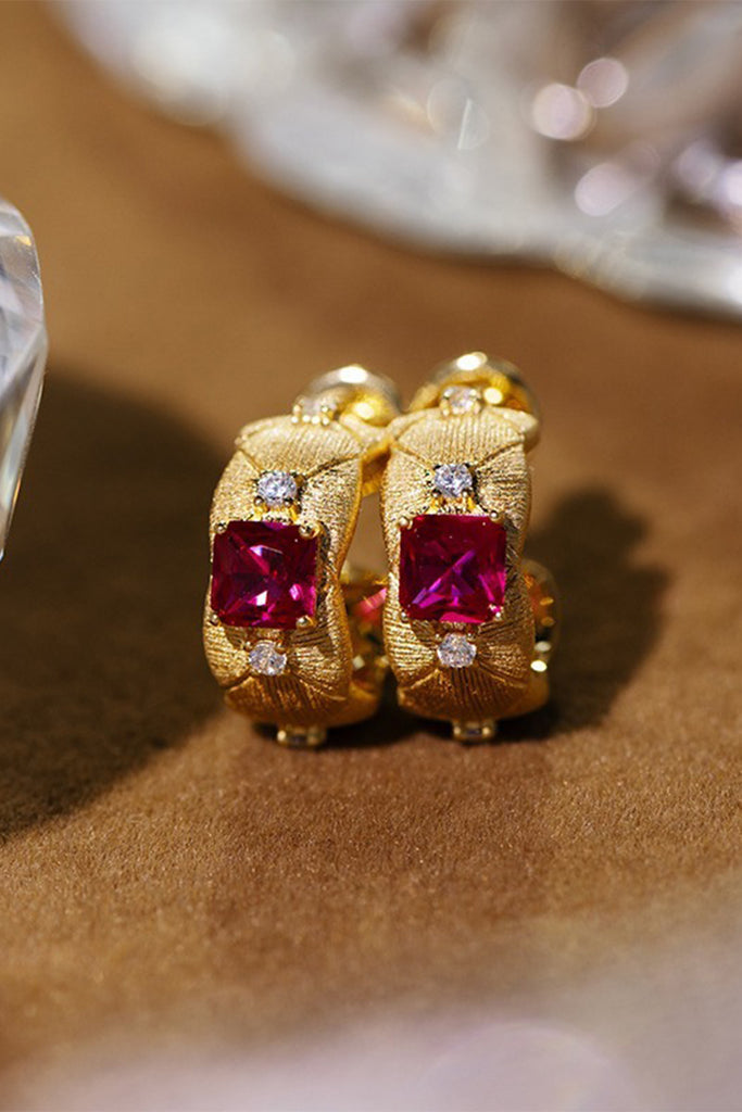 18K Gold Ruby Quilted Huggie Hoop Earrings with Italian Rigato Finish  Fibflx