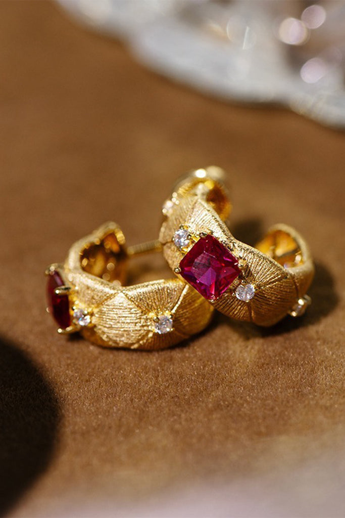 18K Gold Ruby Quilted Huggie Hoop Earrings with Italian Rigato Finish  Fibflx