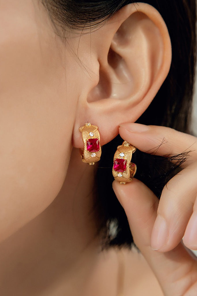 18K Gold Ruby Quilted Huggie Hoop Earrings with Italian Rigato Finish  Fibflx