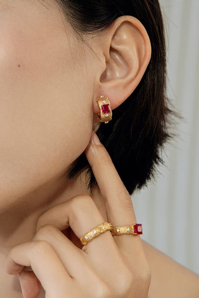 18K Gold Ruby Quilted Huggie Hoop Earrings with Italian Rigato Finish  Fibflx