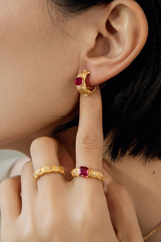 18K Gold Ruby Quilted Huggie Hoop Earrings with Italian Rigato Finish  Fibflx