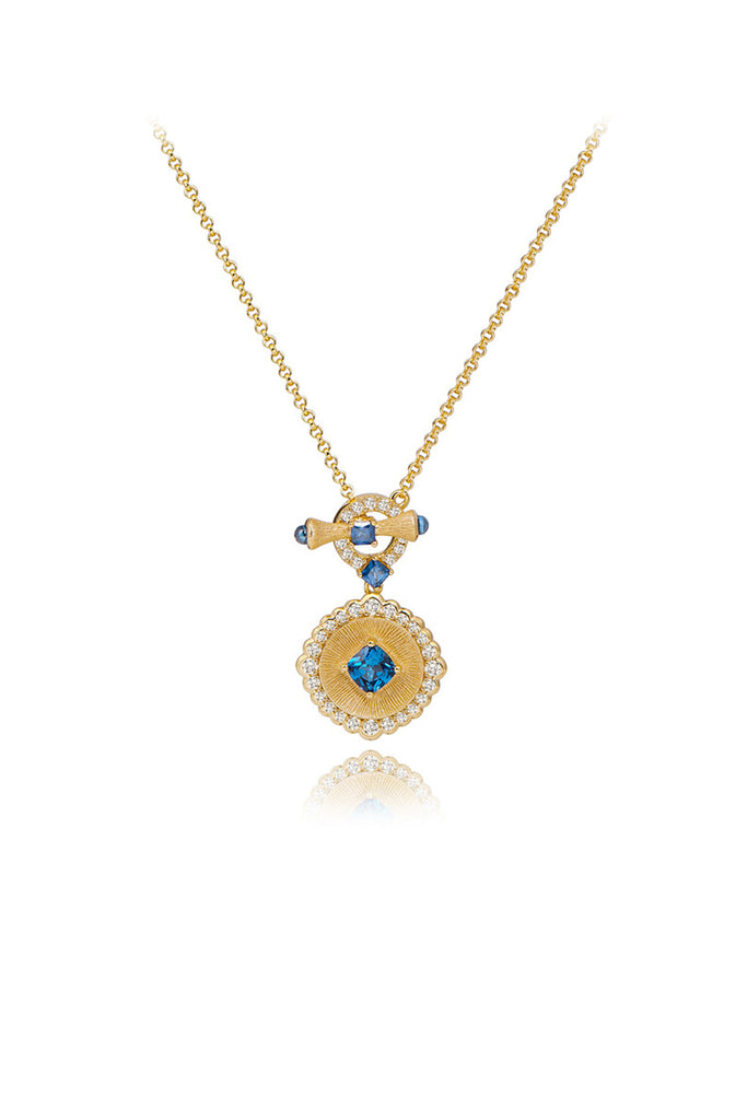 18K Gold Sapphire & CZ Toggle Pendant Necklace with Italian Rigato Finish  Fibflx