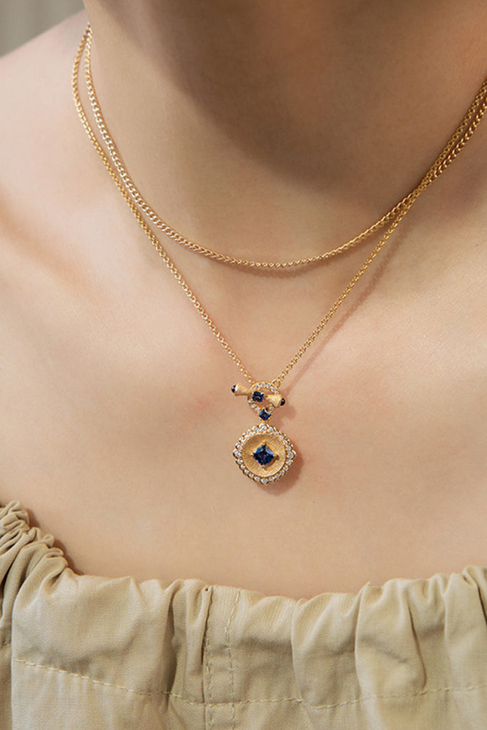 18K Gold Sapphire & CZ Toggle Pendant Necklace with Italian Rigato Finish  Fibflx