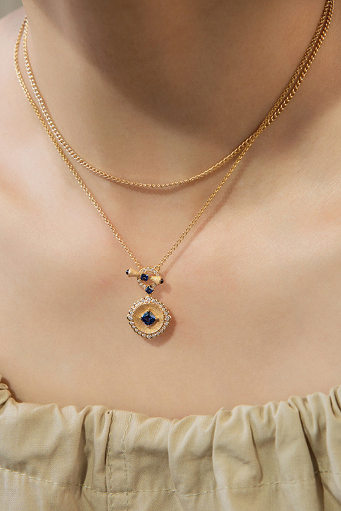 18K Gold Sapphire & CZ Toggle Pendant Necklace with Italian Rigato Finish  Fibflx