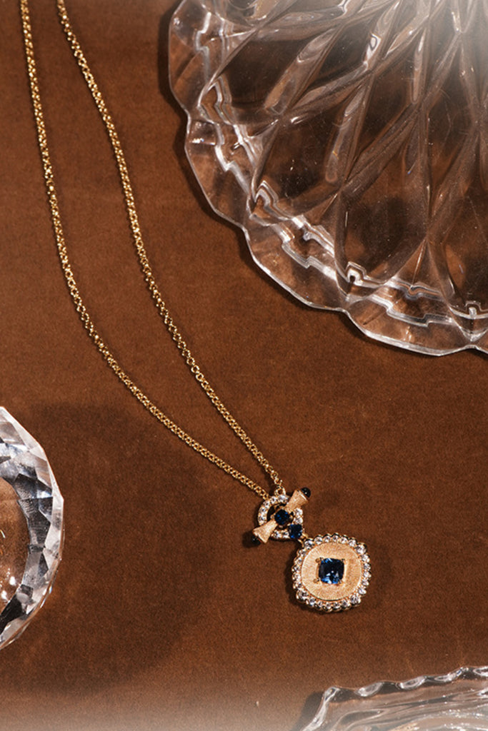 18K Gold Sapphire & CZ Toggle Pendant Necklace with Italian Rigato Finish  Fibflx