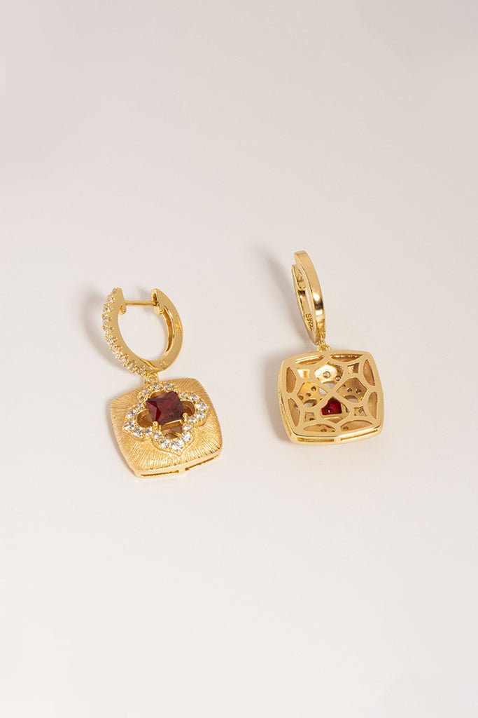 18K Ruby Clover Halo Drop Earrings with Italian Rigato Finish  Fibflx