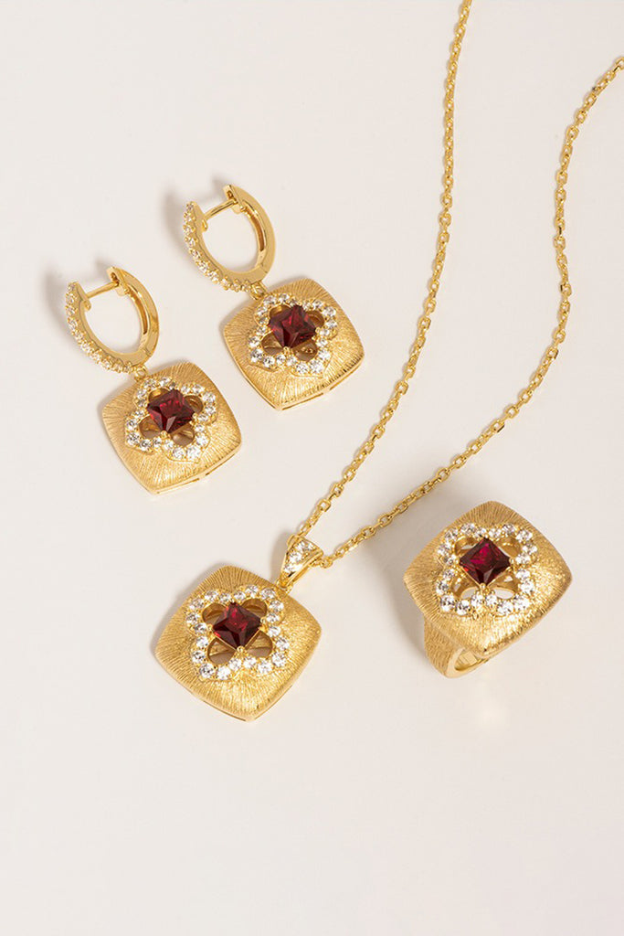 18K Ruby Clover Halo Drop Earrings with Italian Rigato Finish  Fibflx