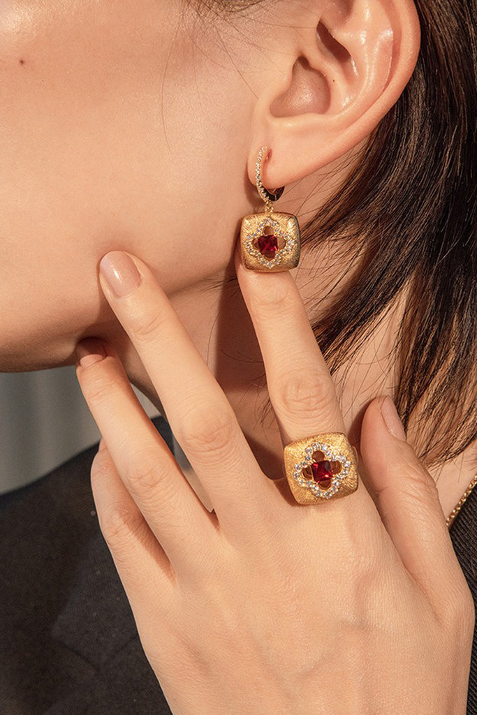 18K Ruby Clover Halo Drop Earrings with Italian Rigato Finish  Fibflx