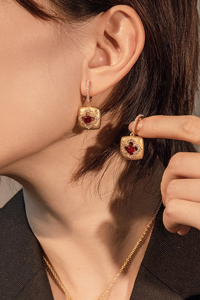 18K Ruby Clover Halo Drop Earrings with Italian Rigato Finish  Fibflx