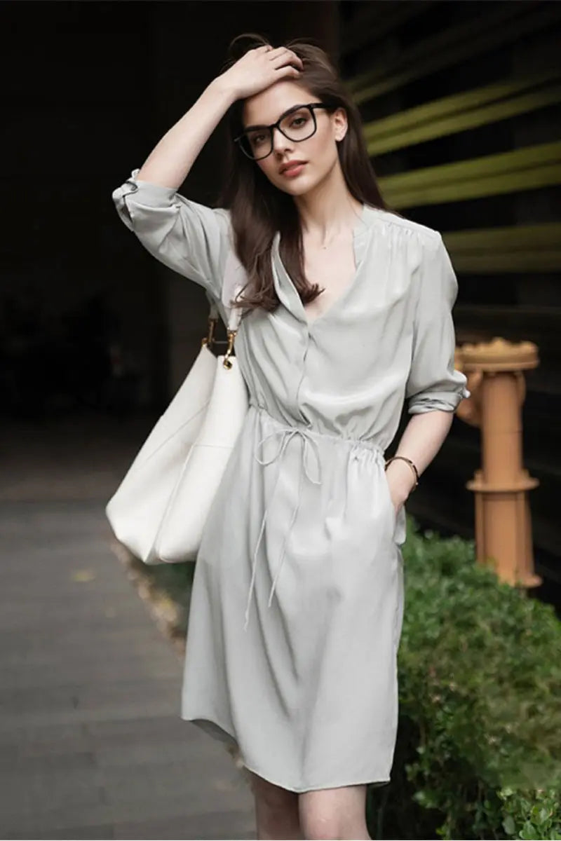 19 mm Silk Elbow-Sleeve Drawstring Waist Midi Dress XS / Heather Grey / 100% Mulberry Silk