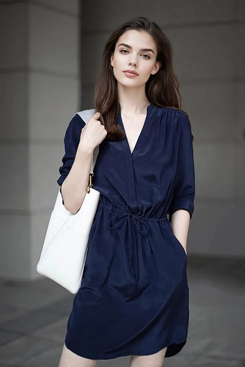 19 mm Silk Elbow-Sleeve Drawstring Waist Midi Dress XS / Navy Blue / 100% Mulberry Silk