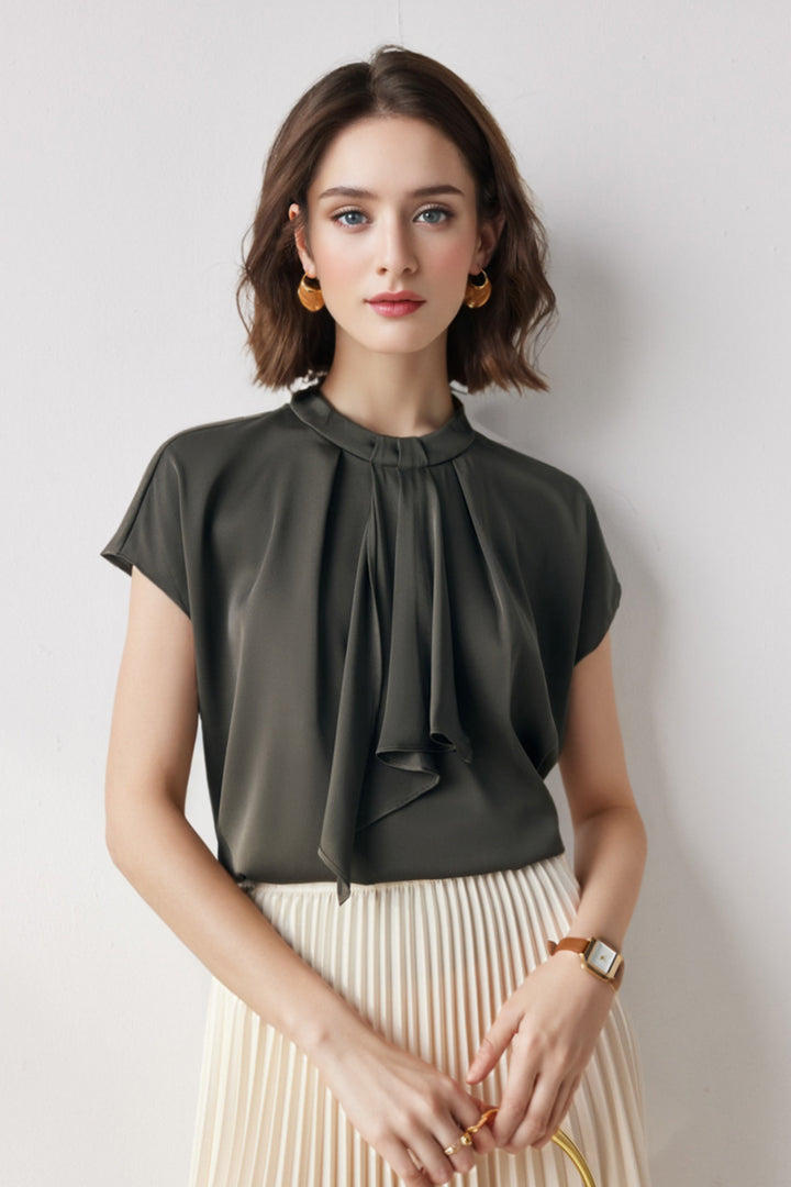 19 Momme Silk Cap-Sleeve Crewneck Ribbon Blouse L / Avacado Green / 90% Mulberry Silk 10% Spandex Fibflx