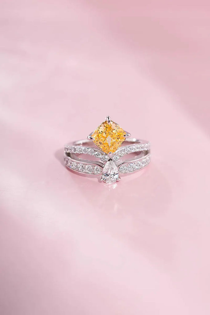 Fibflx Women's 2 Carat Lab-Grown Yellow Diamond & Moissanite Crown Ring in Rhodium Plated Sterling Silver